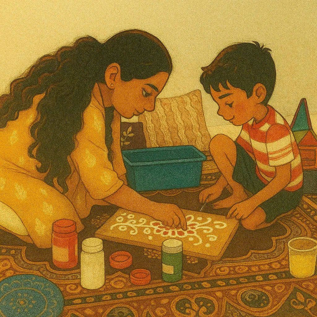 Momo painting a rangoli with a small child