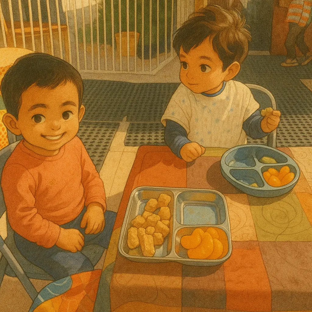 Two kids eating oranges on a table