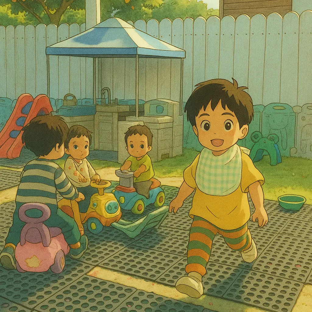 A toddler walking towards the camera, as three kids play with small scooters in the background